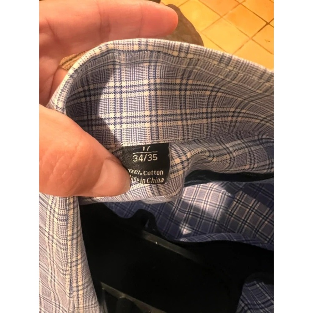 David Donahue Mens Cotton Dress Shirt 17 34/35 Blue White Plaid Trim Fit Woven - Picture 5 of 6